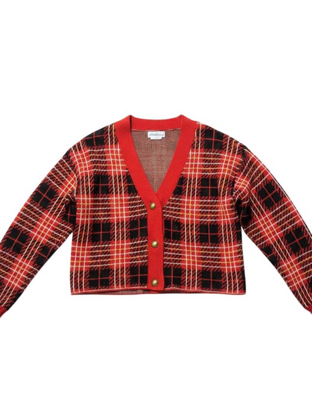 Lovers + Friends Brantley Cropped Plaid Cardigan XS — Red/Black Gold Buttons - Picture 6 of 14
